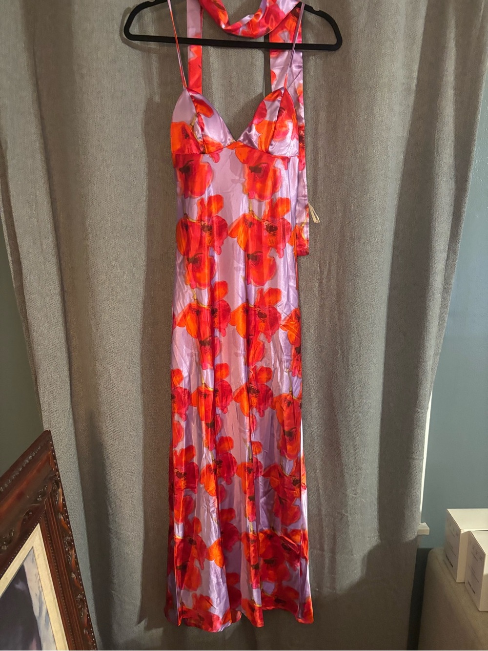 Sincerely Jules Lavender Maxi Dress with Red-Orange Floral Print
